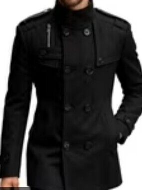 Ruiyige Men's Black Double-Breasted Military-Style Peacoat Size XL
